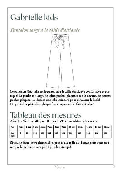 GABRIELLE KIDS— Patron PDF Pantalon large Enfants | Vévette