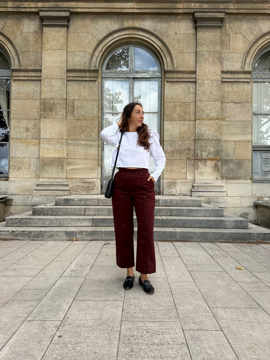 Patron de couture COralie et Doriane - Pantalon à découpes et blouse raccourcie, vue de face
