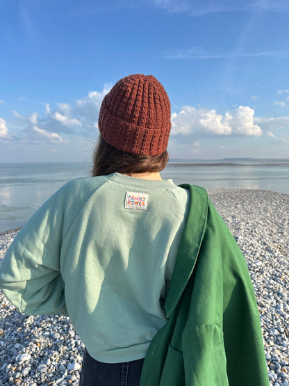 Patron de tricot Louise et de couture Antonin - Bonnet et sweat manche raglan, vue de dos
